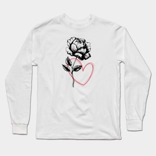 Rose Flower with Heart Black And White Botanical Illustration Long Sleeve T-Shirt